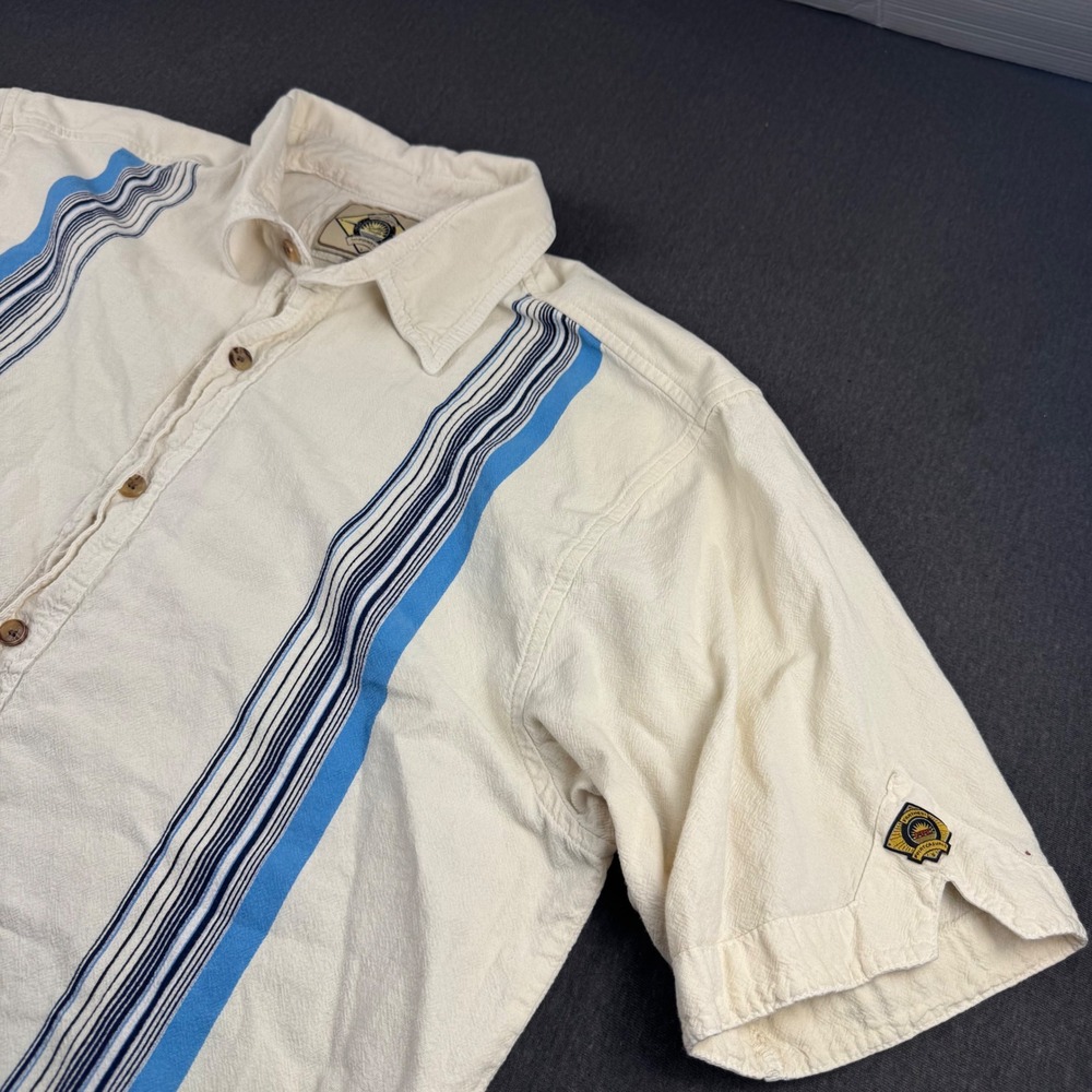 Farthest Point Casuals Mens XL Cream Blue Stripe Short Sleeve Button Down Shirt